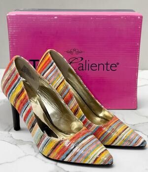 Torta Caliente Zita Rainbow Stripe Pointed Toe Pumps Heels Sz 6 NIB Dopamine
